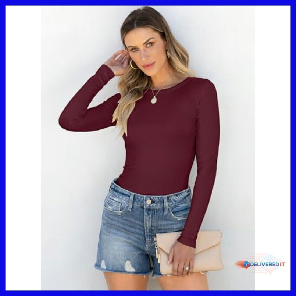 Slim Fit Long Sleeve Rib Knit Tee - Rayon Blend Basic Top - Picture 4 of 8